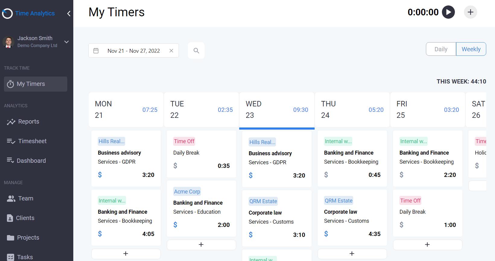 Calendar (Weekly) time tracking view